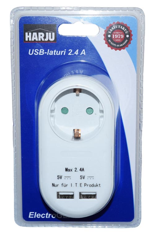 Jatkopistorasia USB-lataus 250 V 16A + 2xUSB 5 V 2,4 A