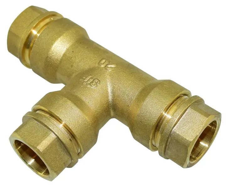 Liitin T-haara 20 mm muoviputkille messinki