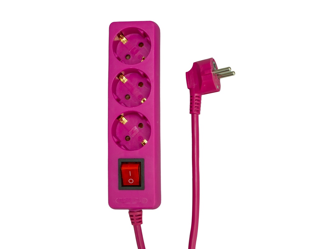 Jatkojohto 3-osainen 1,5m maadoitettu pinkki valokytkimellä