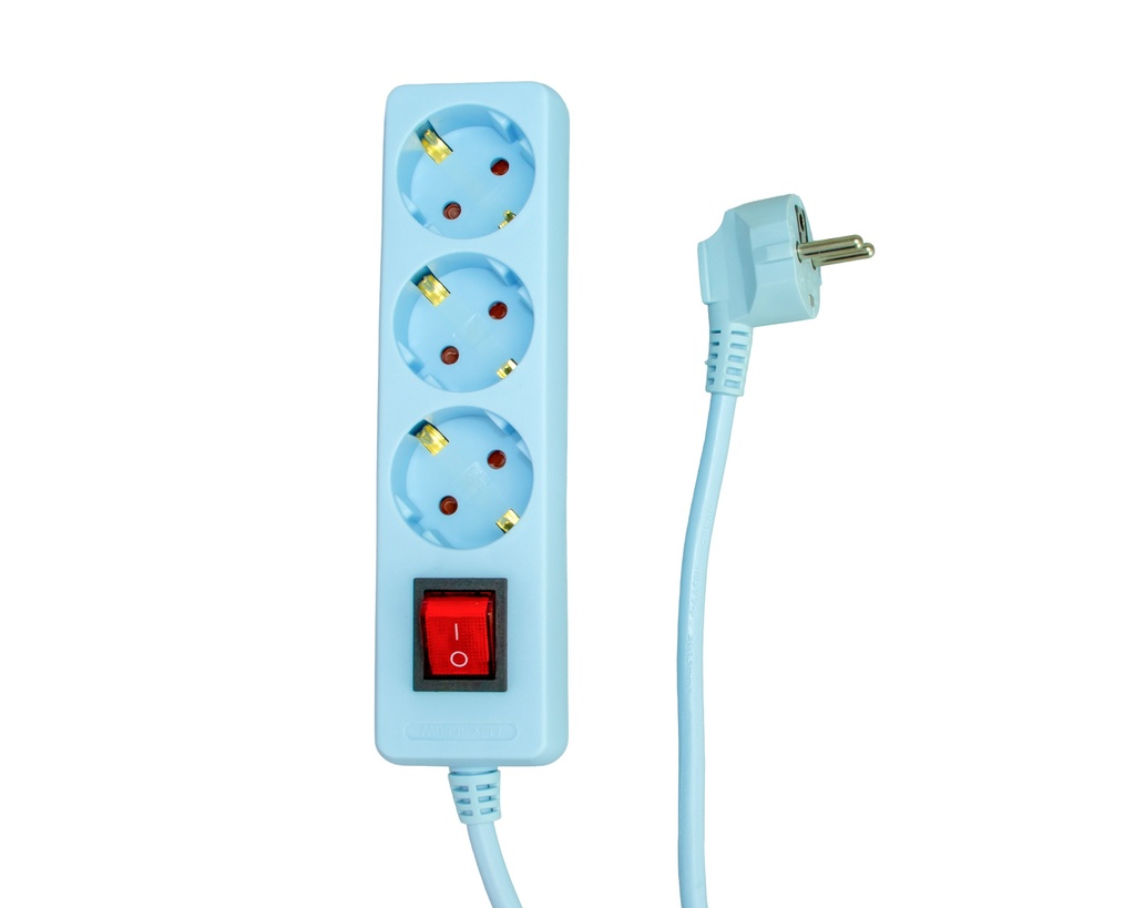 Jatkojohto 3-osainen 1,5m maadoitettu v.sininen valokytkimellä