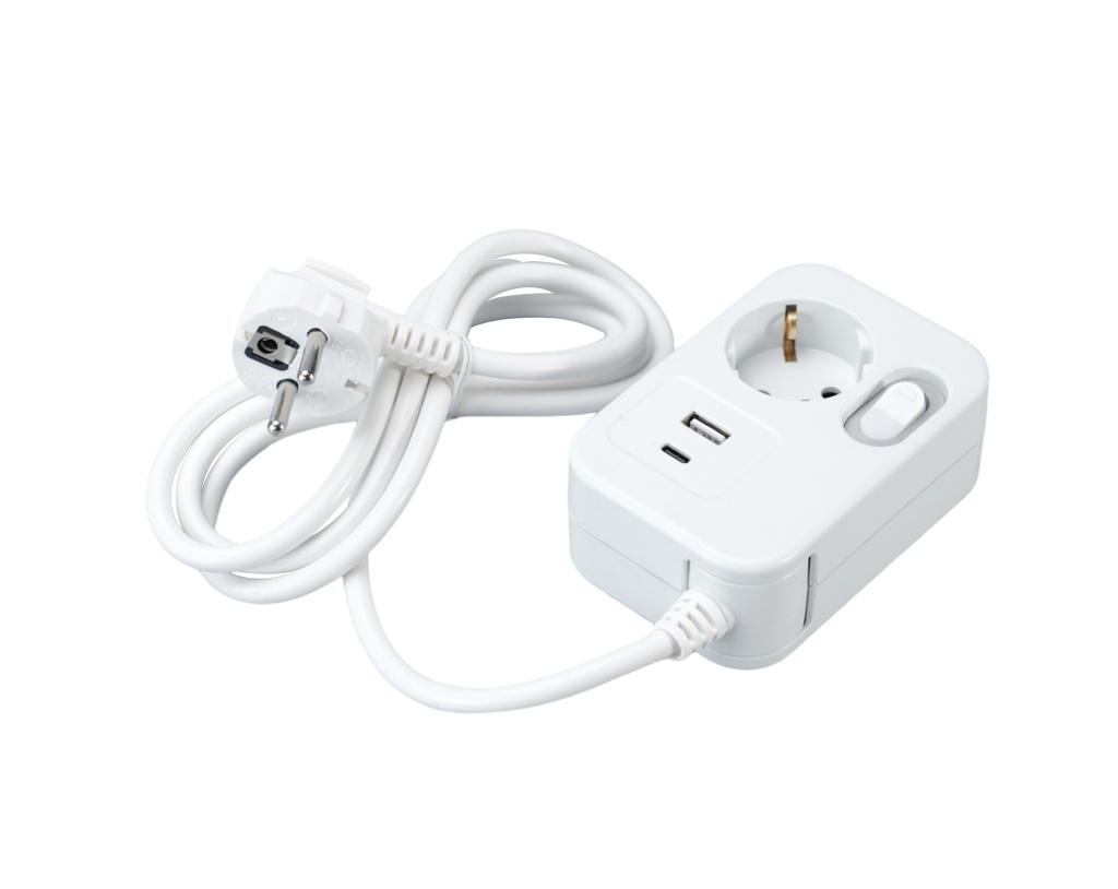 Jatkojohto 1-osainen 1,4m USB-A+C valokytkimellä (pöytämalli)