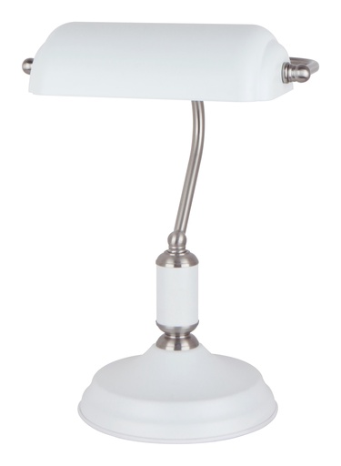 [42049] Pöytävalaisin PANKKIIRI E27 valkoinen/harjattu nikkeli